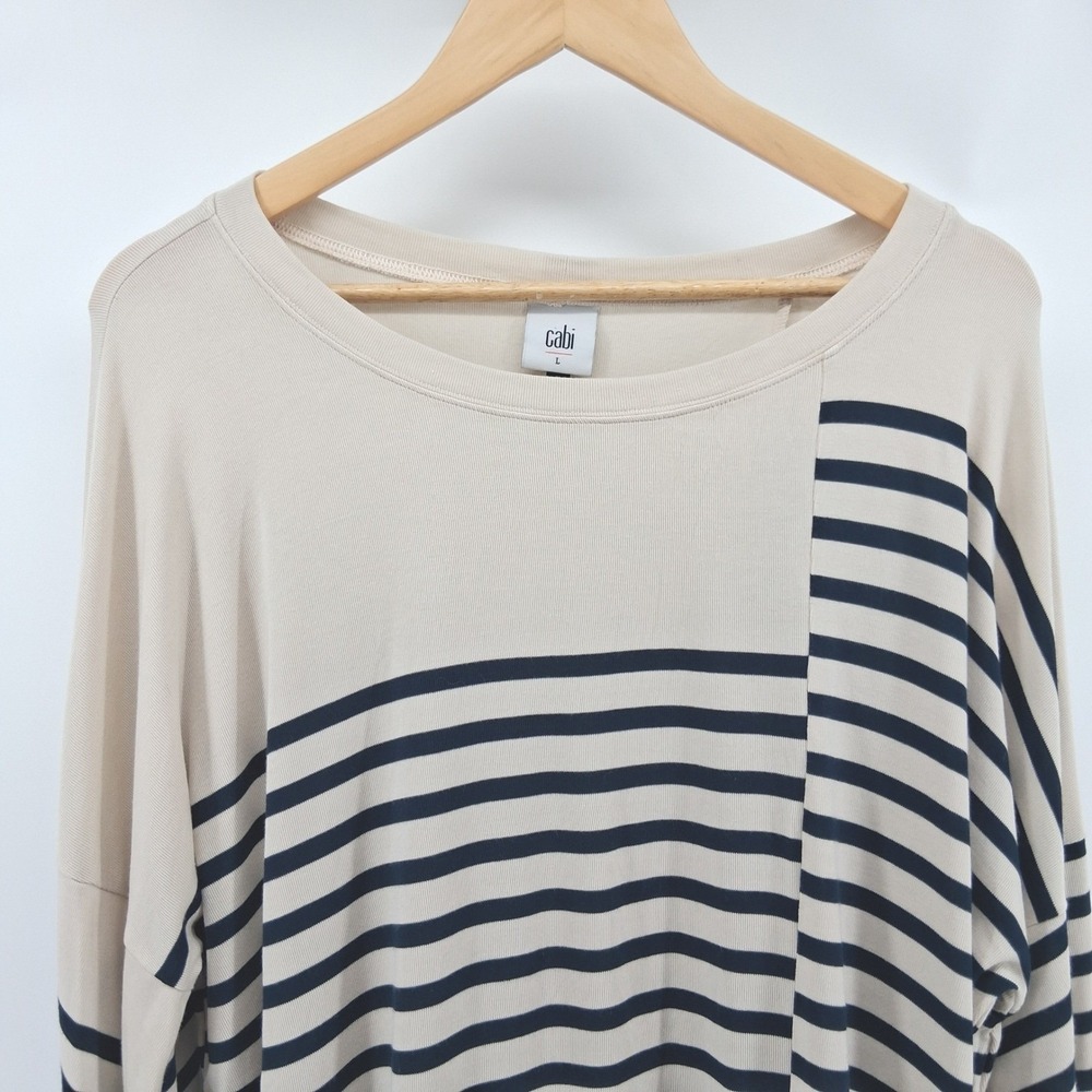 Cabi Cream Navy Striped Dolman Sleeve Top Large Coastal Nautical Balloon‎ Sleeve - Picture 2 of 10
